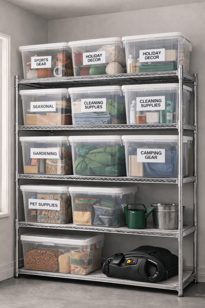 Clear labeled storage bins neatly organized on metal garage shelving, showing categorized household items in a clean and clutter-free space