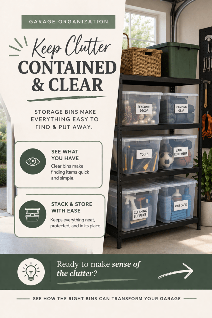 clear labeled storage bins for garage organization on metal shelving