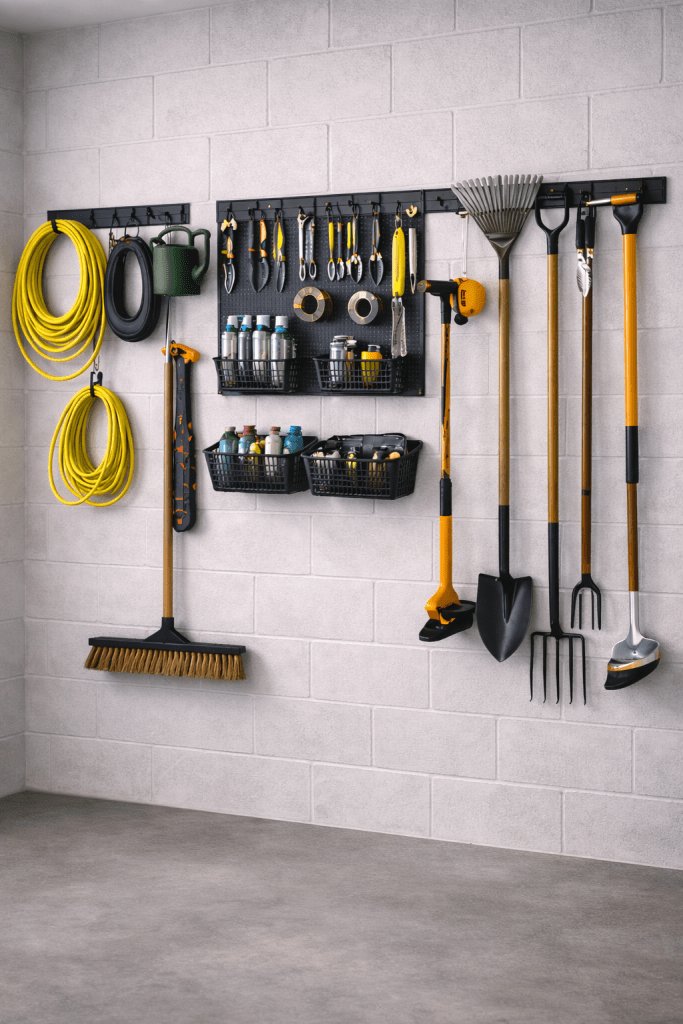 Wall-mounted garage garden tool storage system with neatly organized rakes, shovels, hose, and hand tools on a clean cinder block wall