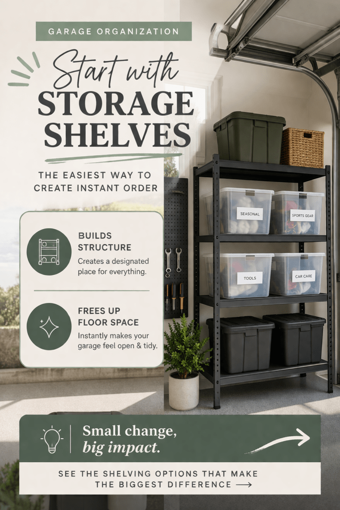 heavy duty garage storage shelving unit with plastic storage bins for organizing garage clutter