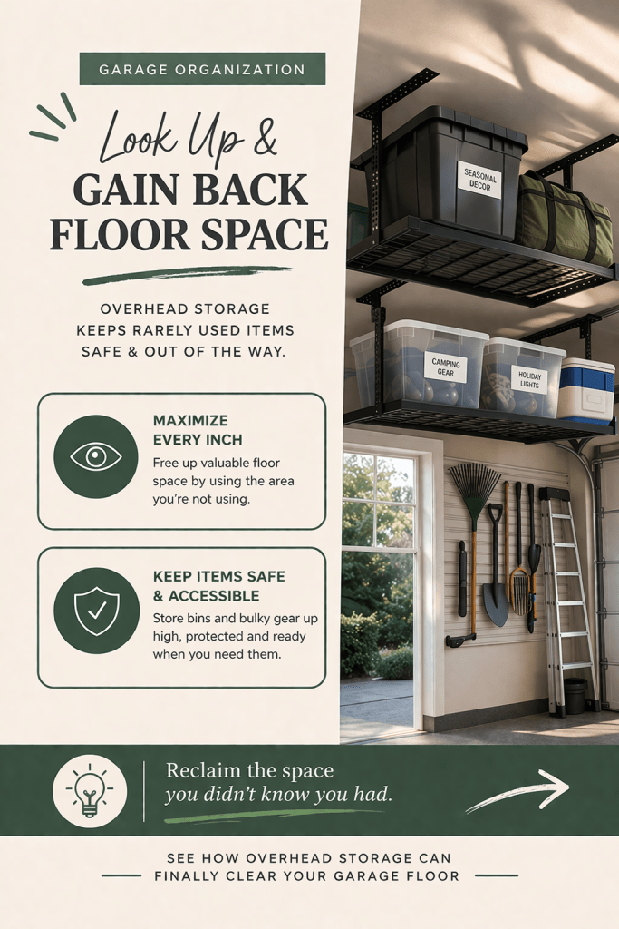 Overhead garage storage racks holding labeled bins to free up floor space and organize seasonal items