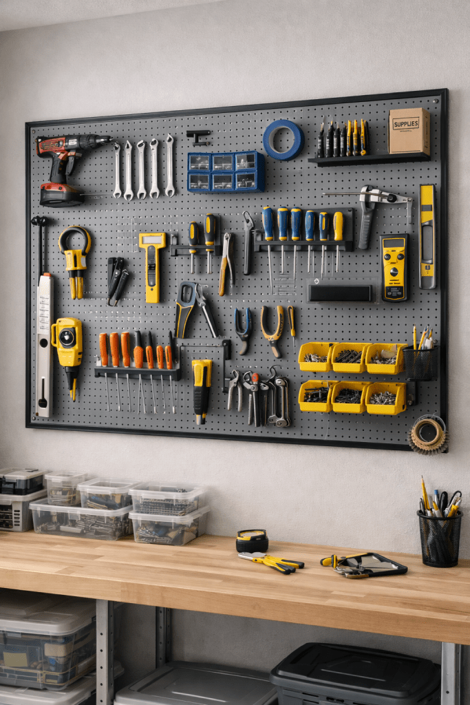 Garage pegboard tool organization system with neatly arranged hand tools, hooks, and small storage bins above a clean workbench