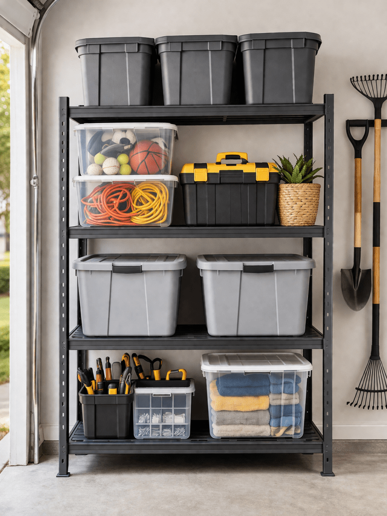 Heavy-duty garage shelving unit with labeled storage bins, tools, and household items neatly organized on metal shelves in a clean, well-lit space