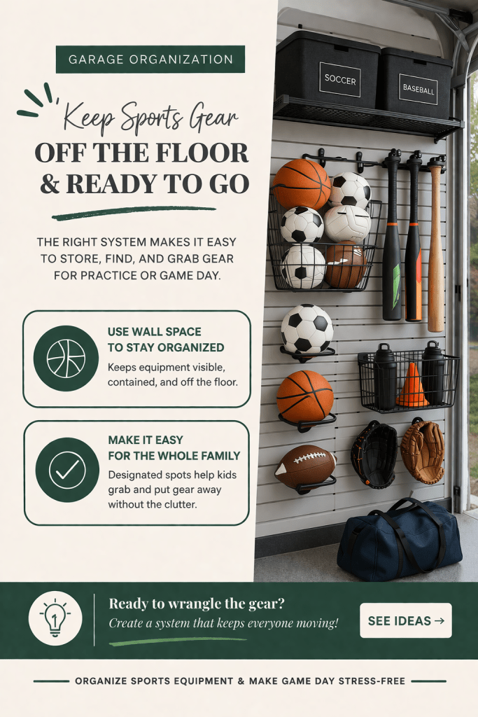 garage sports equipment organizer rack storing balls bats scooters and helmets