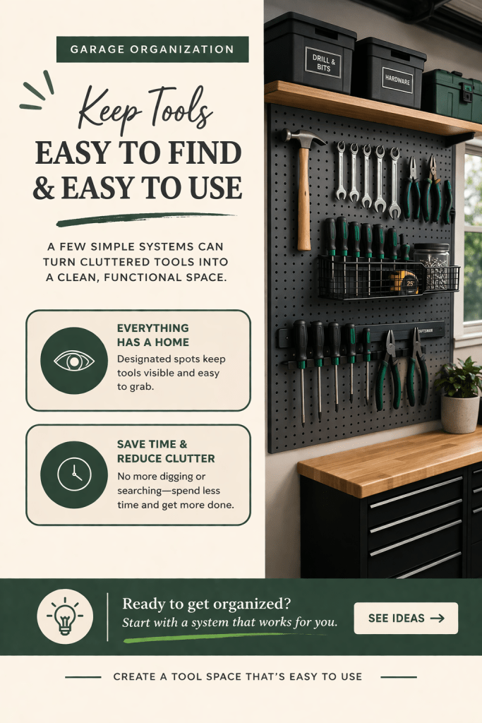 garage tool organization system using a metal pegboard organizer to keep tools visible and accessible