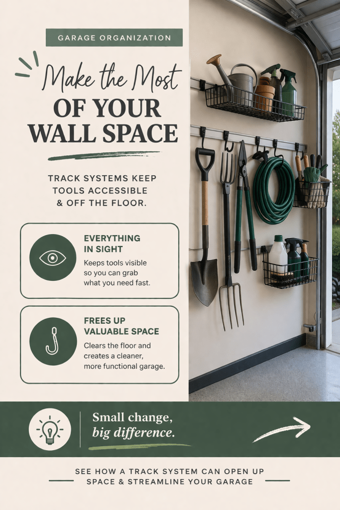 wall mounted garage storage system holding rakes shovels ladder and extension cords