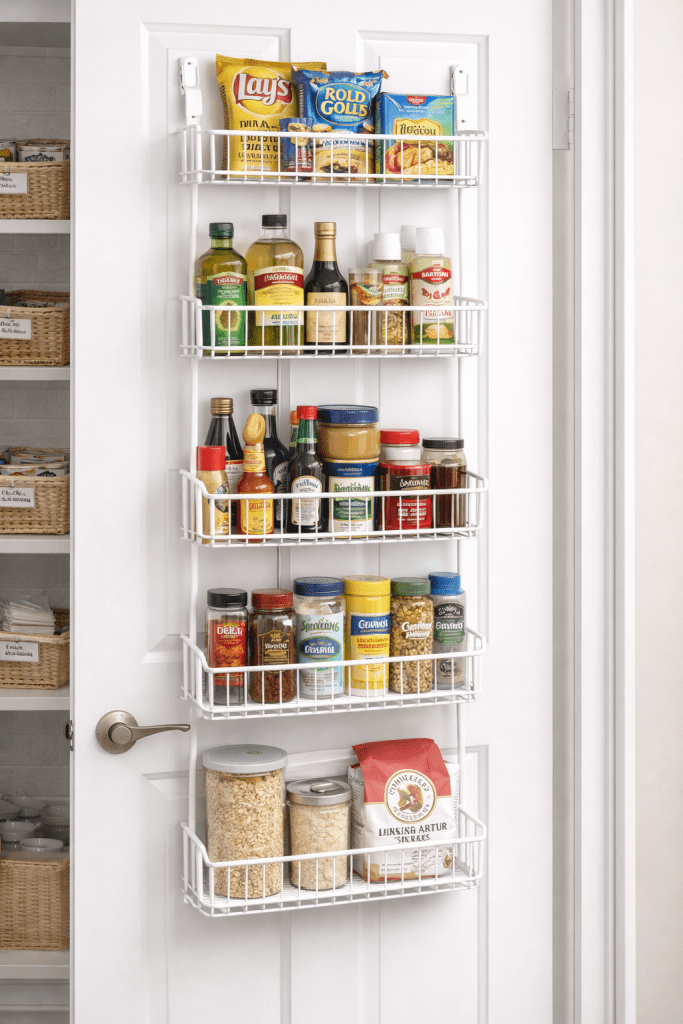 Over-the-door pantry storage rack organizing spices, condiments, and dry goods on multiple shelves for easy access and space saving