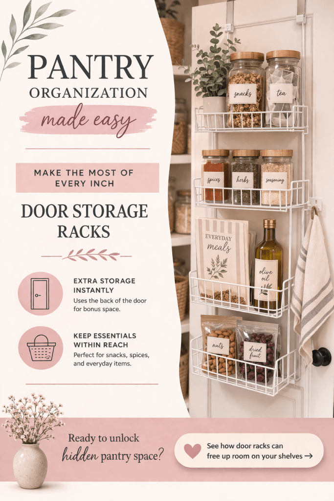 over the door pantry organizer storing spices and snacks