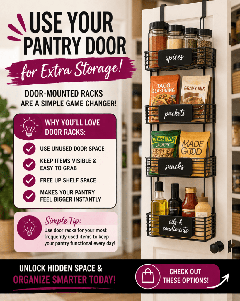 over the door pantry organizer storing spices snacks and jars