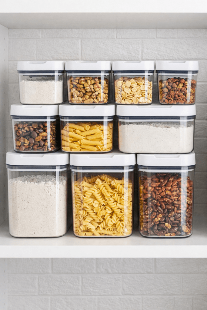 Clear airtight food storage containers neatly organized on a pantry shelf with dry goods like pasta, flour, and snacks in a clean, clutter-free space