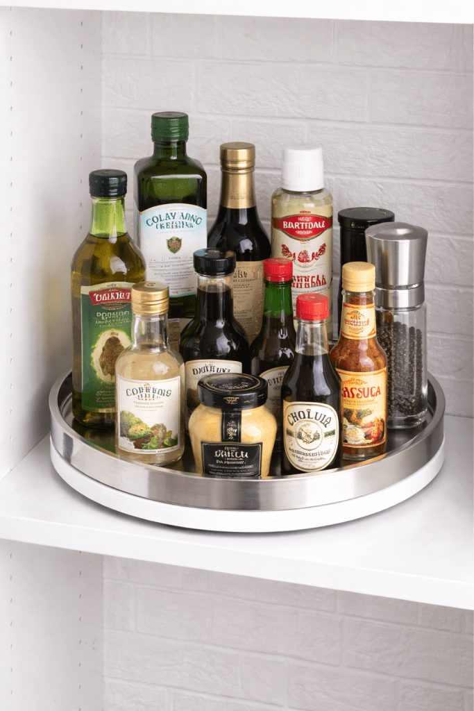 Lazy Susan turntable organizer holding oils, sauces, and condiments on a pantry shelf for easy access and visibility