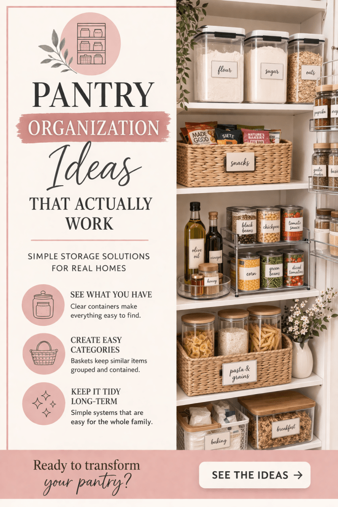pantry organization ideas using clear containers baskets and shelf organizers