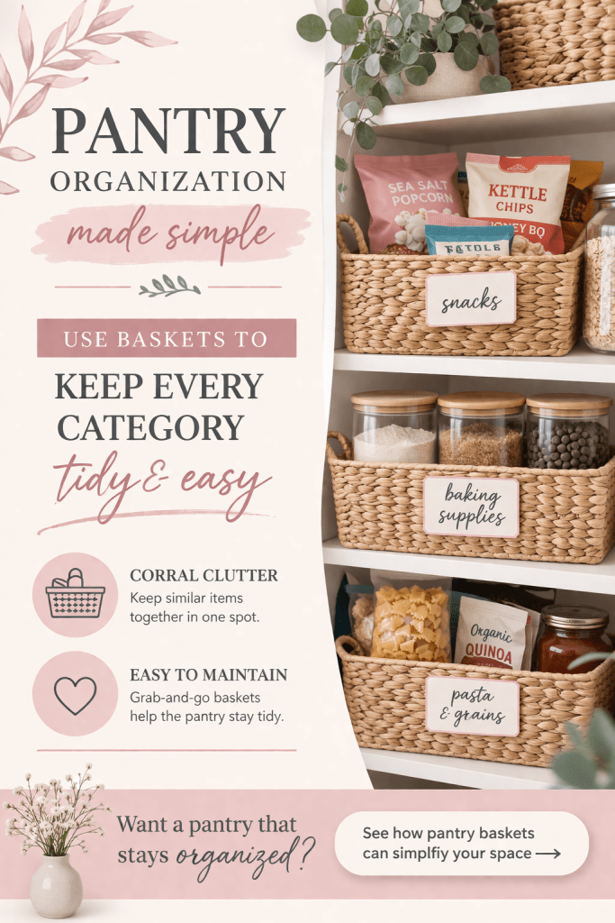 pantry baskets organizing snacks baking supplies and dry goods