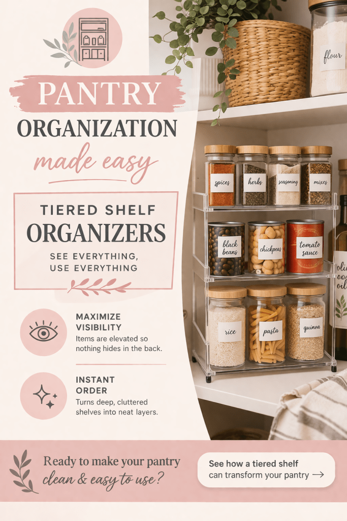 tiered shelf organizer for canned goods and spices in pantry