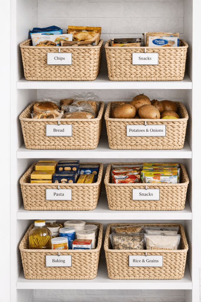Woven pantry baskets with labels neatly organizing snacks, bread, pasta, and pantry items on clean white shelves