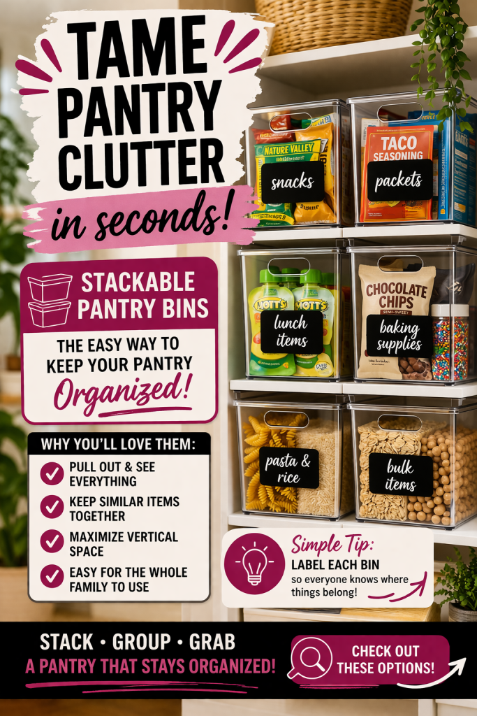 stackable pantry bins organizing snacks pasta and breakfast foods