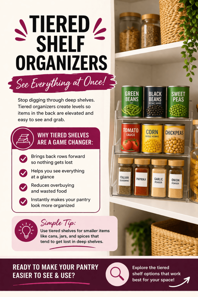 tiered pantry shelf organizer displaying canned goods and spices