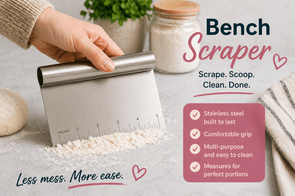 Hand using a stainless steel bench scraper to clean flour from a kitchen countertop, showing an easy way to tidy up mess quickly and keep the kitchen clean