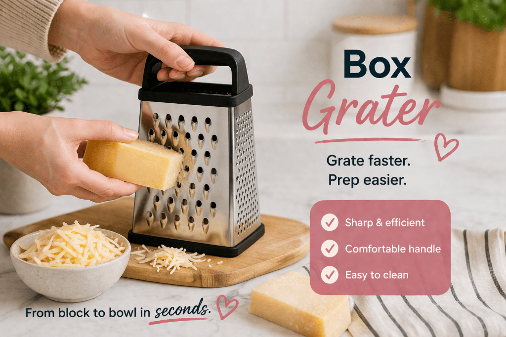 Hand grating cheese with a stainless steel box grater on a wooden cutting board in a clean kitchen, showing an easy way to prep ingredients faster with less mess