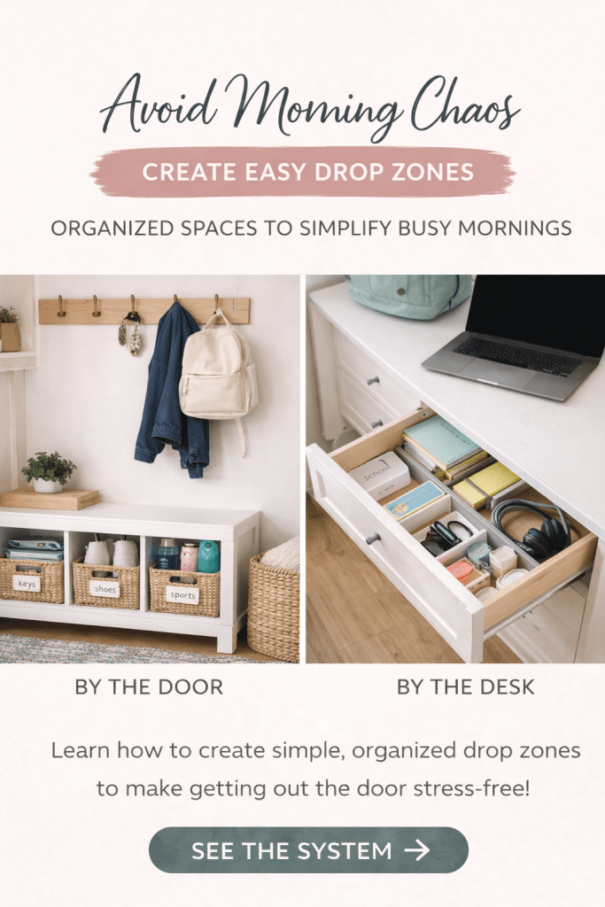 Organized entryway drop zone with hooks, baskets, and labeled storage to keep everyday items easy to find