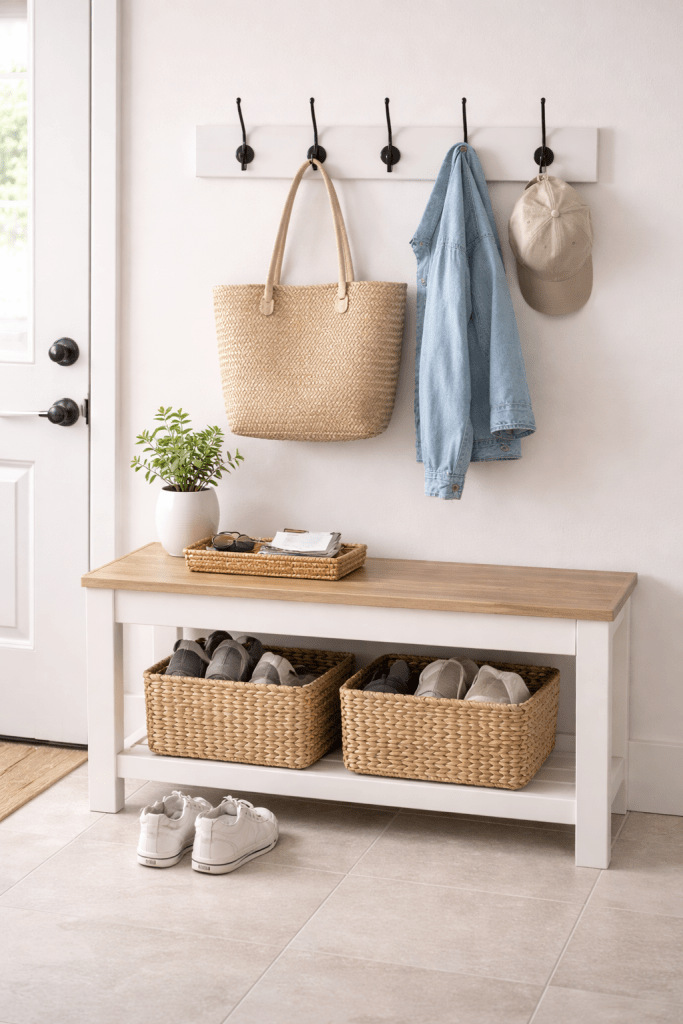 Vertical image of an organized entryway drop zone with wall hooks, a bench, baskets for shoes, and a tray for keys and mail.