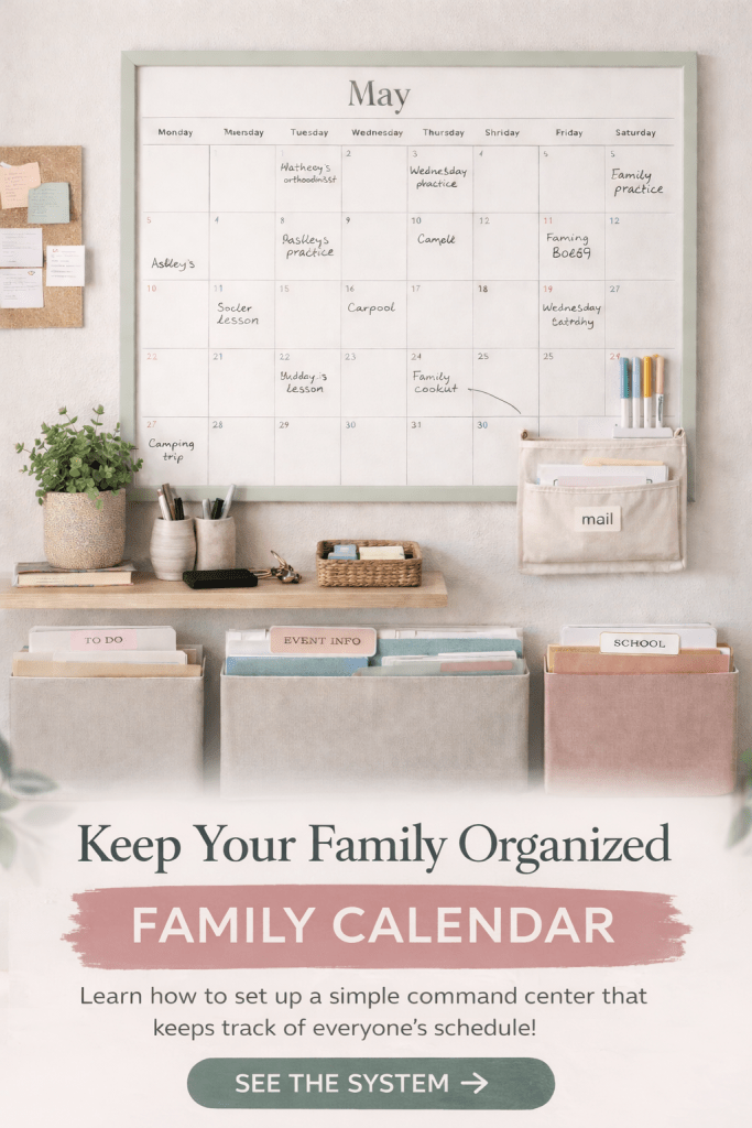 Family command center with wall calendar, labeled folders, and mail organizer to keep schedules organized and easy to manage