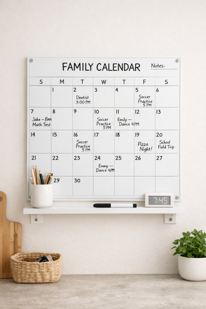 Vertical image of a wall-mounted family calendar with a monthly schedule in a clean, organized home setting.