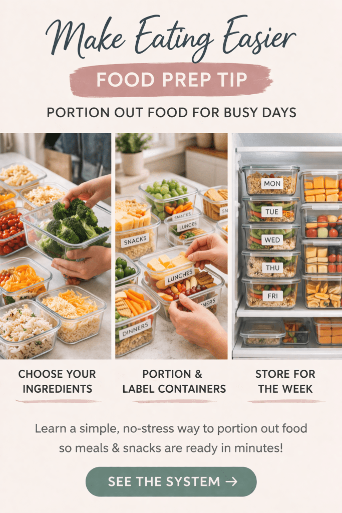 Portioned food containers with snacks and meals organized in fridge for easy grab-and-go options during busy days