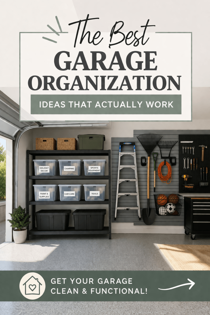 Clean and organized garage with shelves, bins, and wall storage showing simple garage organization ideas that actually work to keep the space clutter-free and functional