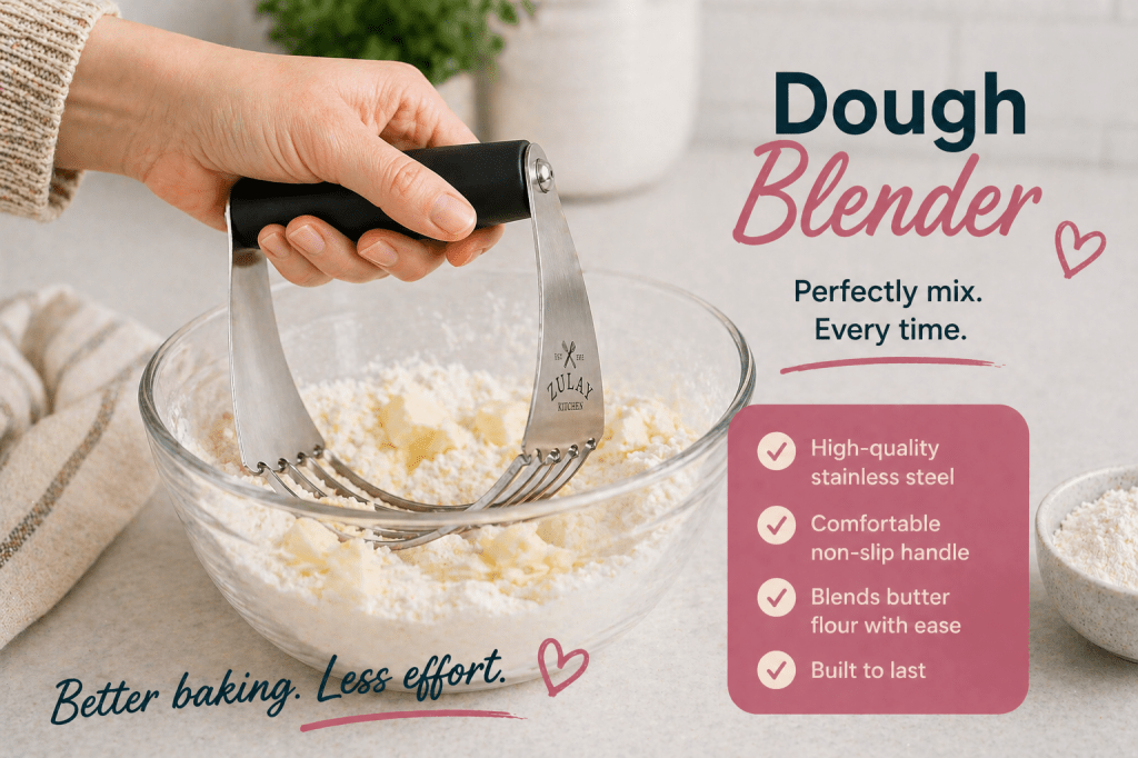 Hand using a high-quality stainless steel dough blender to mix butter into flour in a glass bowl, showing an easy and efficient way to prepare dough in a clean kitchen