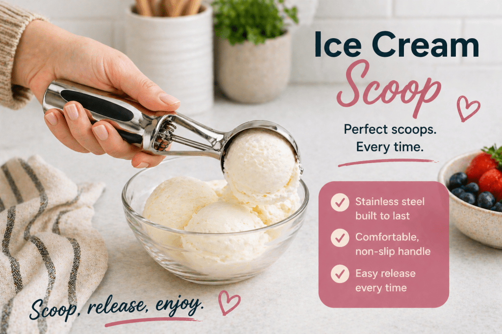 Hand using a high-quality stainless steel ice cream scoop to serve smooth, round scoops of ice cream into a bowl in a bright kitchen, showing an easy and effortless way to serve dessert