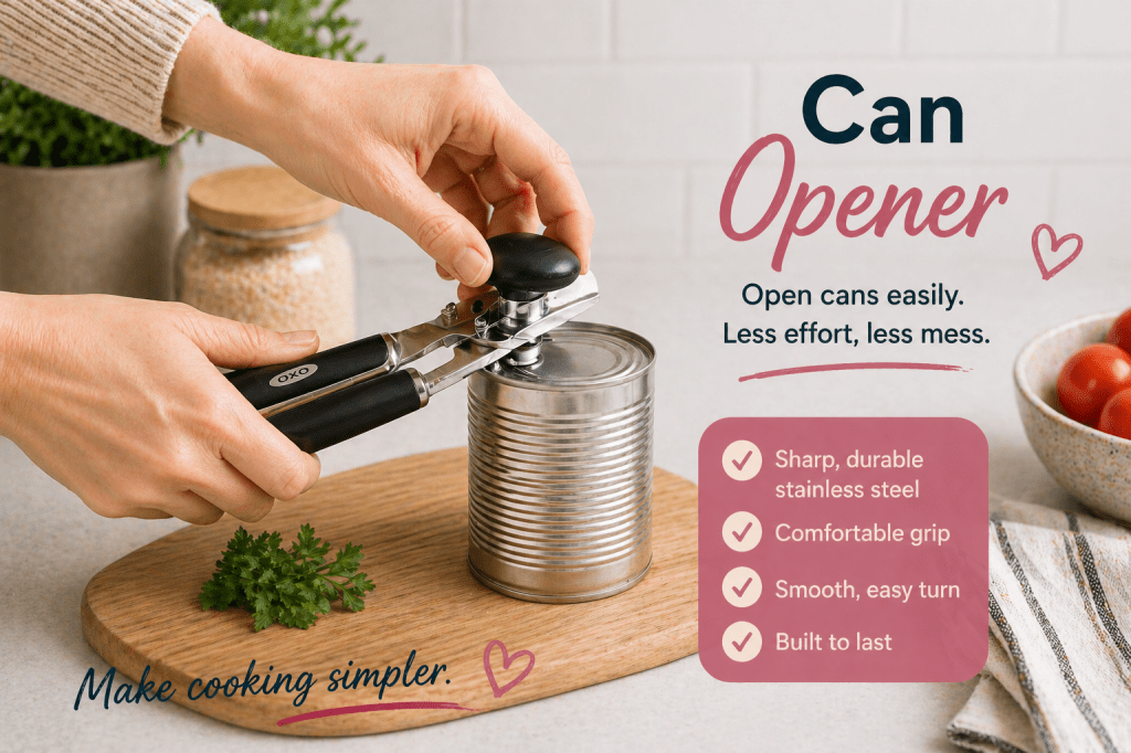 Hands using a high-quality stainless steel manual can opener to smoothly open a can on a wooden cutting board in a clean kitchen, showing an easy and reliable way to open cans with less effort