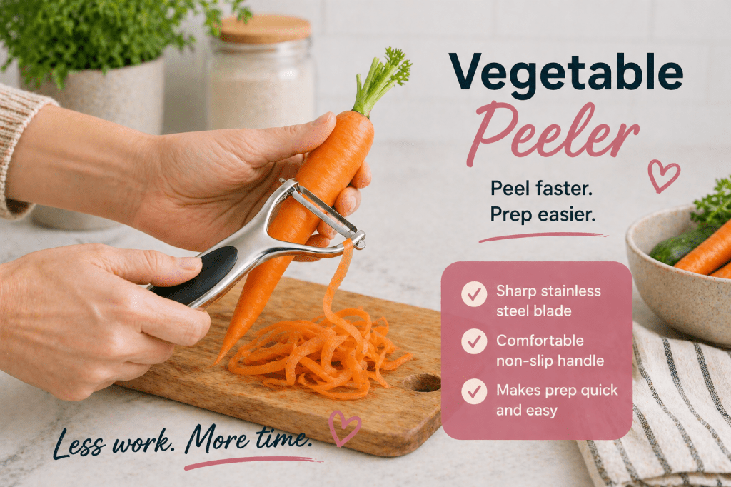 Hands using a high-quality stainless steel vegetable peeler to peel a carrot on a wooden cutting board in a bright kitchen, showing an easy and efficient way to prep vegetables