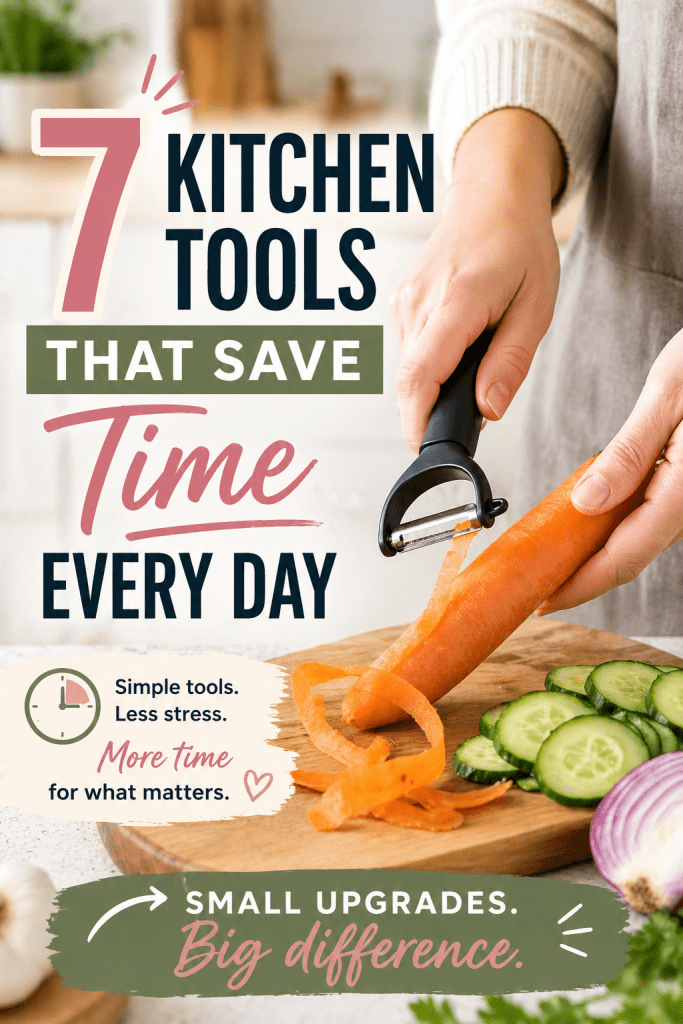Close-up of hands using a vegetable peeler on a carrot in a clean kitchen, showing simple kitchen tools that save time and make everyday cooking easier