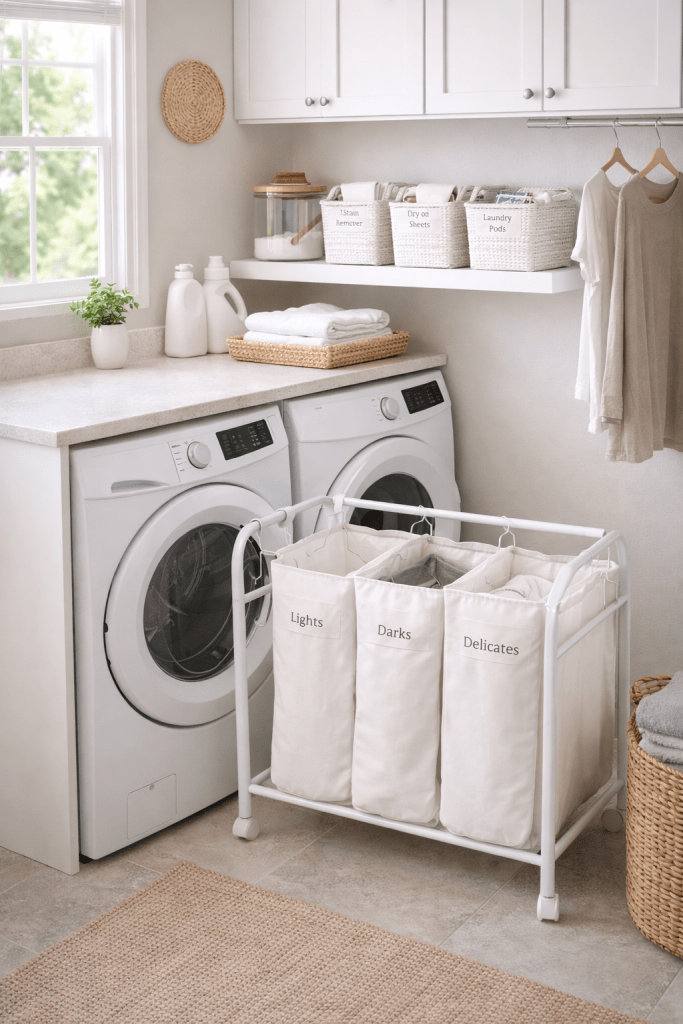 Vertical image of an organized laundry room with a labeled sorting hamper, shelves, and neatly arranged laundry supplies.