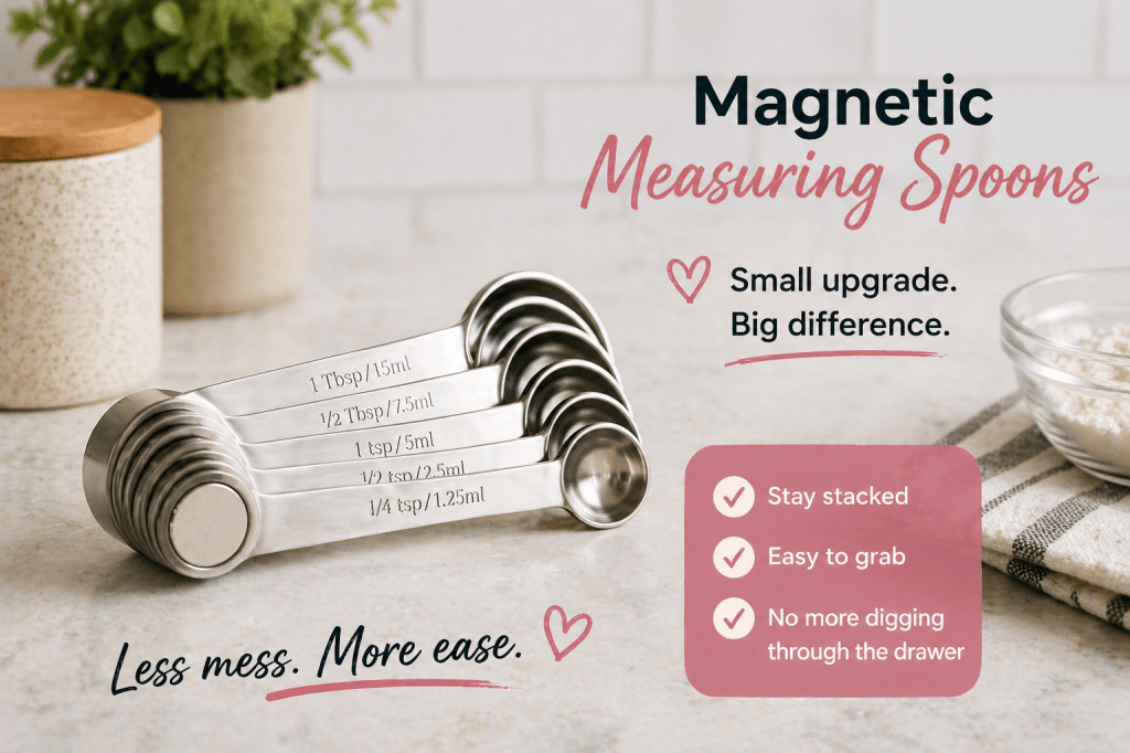Stacked magnetic measuring spoons on a clean kitchen countertop showing an easy-to-grab, organized solution that prevents clutter and makes cooking easier