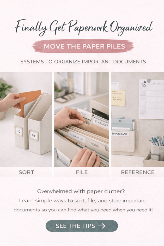Home paper organization system with labeled folders, mail sorter, and filing system to reduce paper clutter