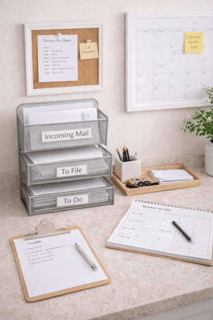 Vertical image of a home paper organization system with labeled trays for incoming mail, to file, and to do on a clean countertop.