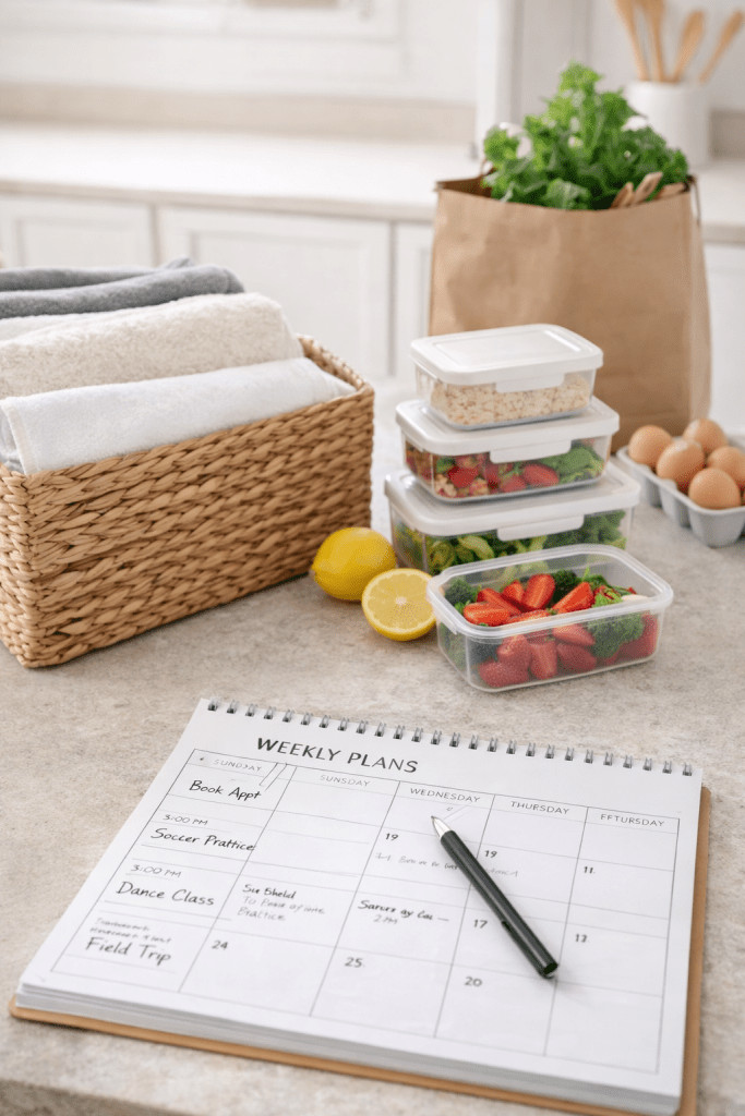 Vertical image showing a Sunday reset routine with folded laundry, meal prep containers, and a weekly planner in a clean, organized home.