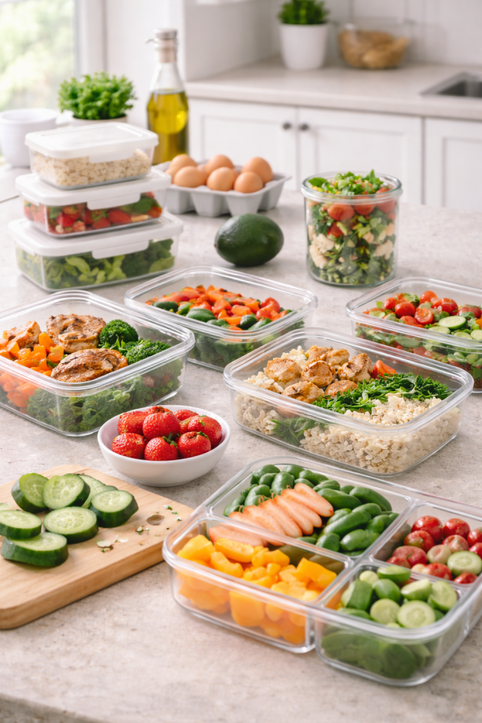 Vertical image of weekly meal prep with organized food containers, fresh ingredients, and prepared meals on a clean kitchen counter.
