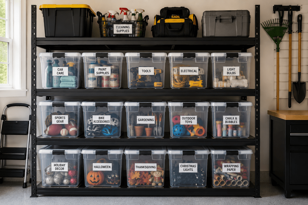 Clear labeled storage bins used for organizing seasonal garage items and supplies.