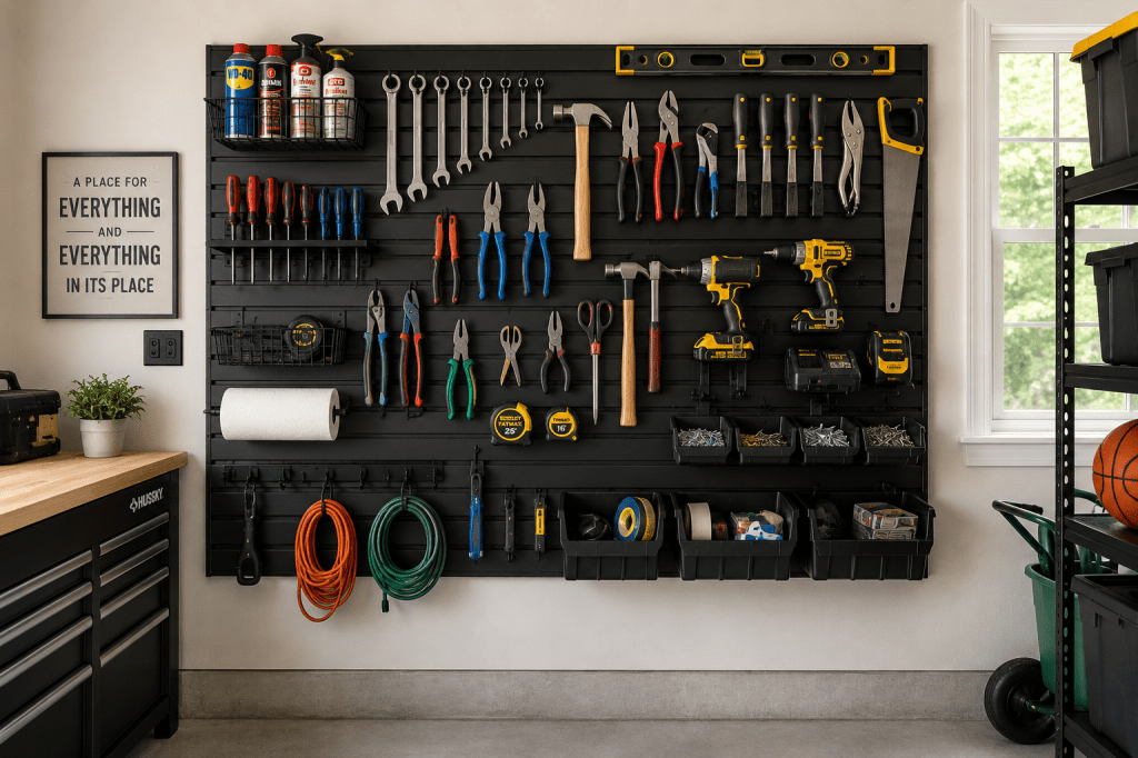 Wall-mounted garage tool organizer keeping hand tools visible and easy to access.
