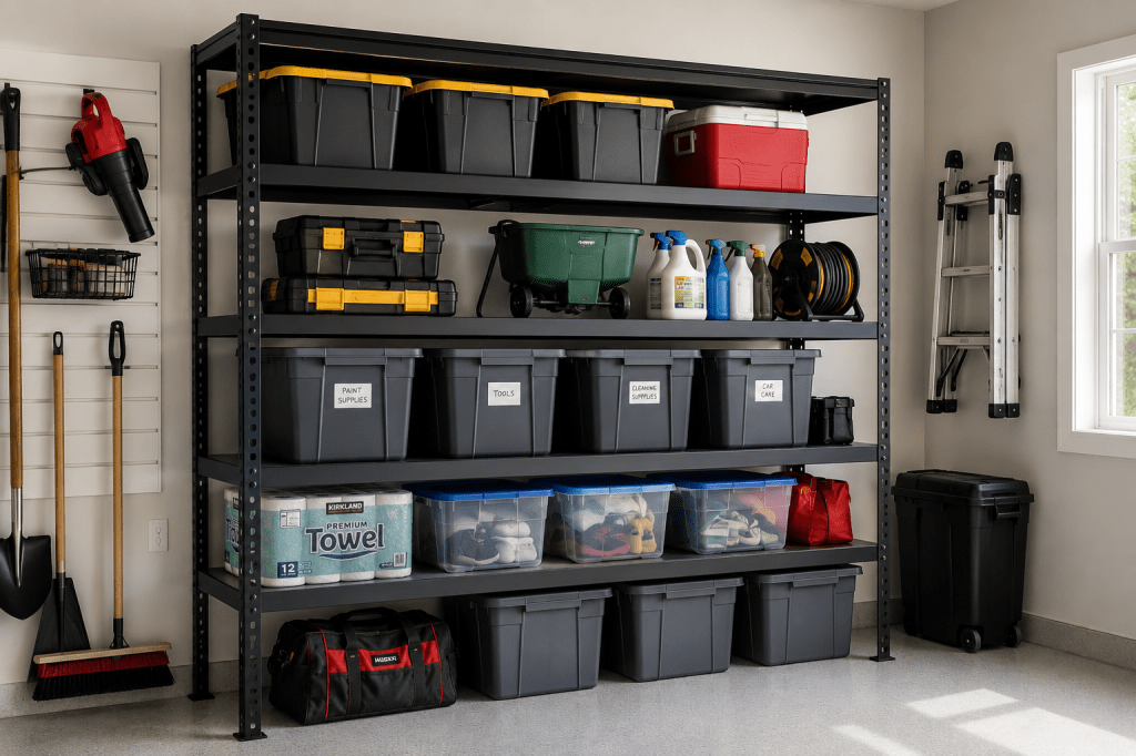 Heavy-duty garage shelving used to organize storage bins and reduce garage clutter.