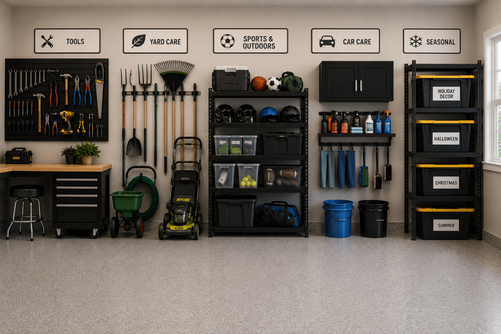 Labeled garage storage zones with designated areas for tools, yard care equipment, sports gear, car care supplies, and seasonal storage using custom labels and organized storage systems.