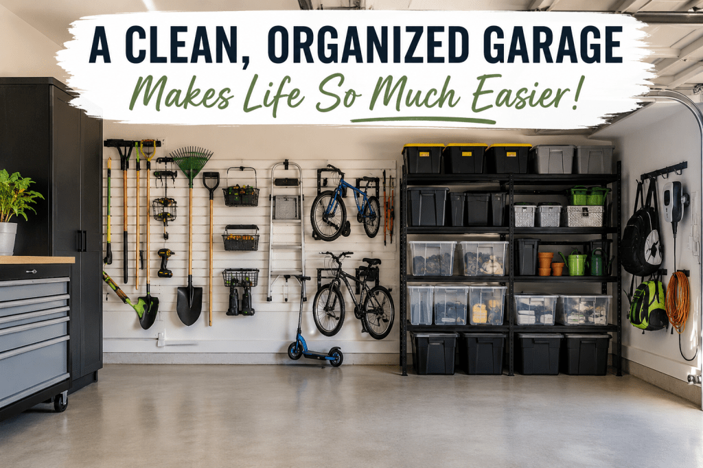 Clean organized garage with storage shelves, wall-mounted tools, labeled storage bins, and designated storage zones.