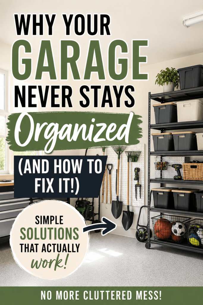 Organized garage with storage shelves, wall-mounted tools, and storage bins showing simple garage organization ideas that help keep a garage clutter-free and organized.
